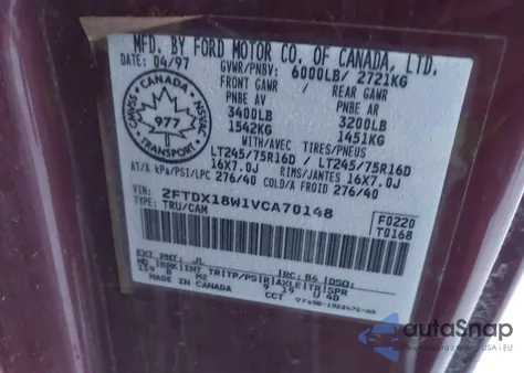 1997 Ford F-150 Lariat/Xl/Xlt from USA, damaged, VIN 2FTDX18W1VCA70148